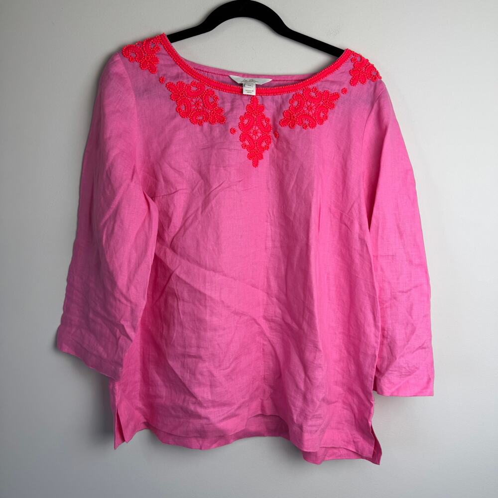 Lilly Pulitzer Women's Elyn Beaded Linen Tunic Top Confetti Pink Size Large